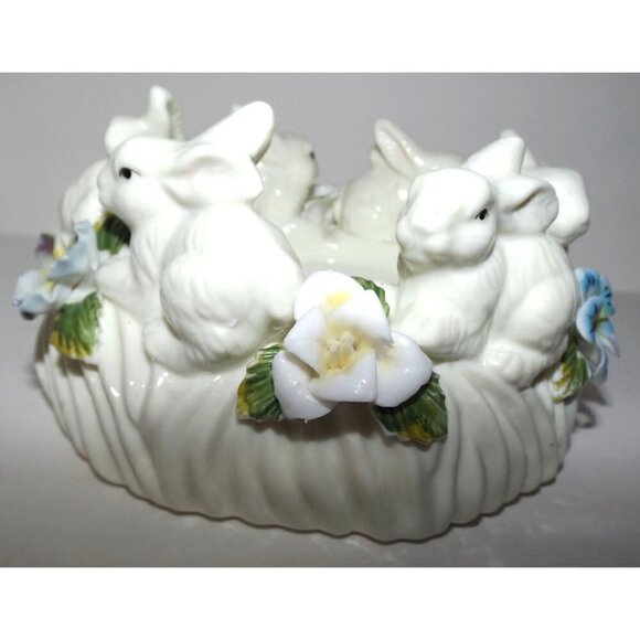 Pillar Candle Holder Porcelain bunnies flowers Easter Rabbit Spring - Picture 6 of 8
